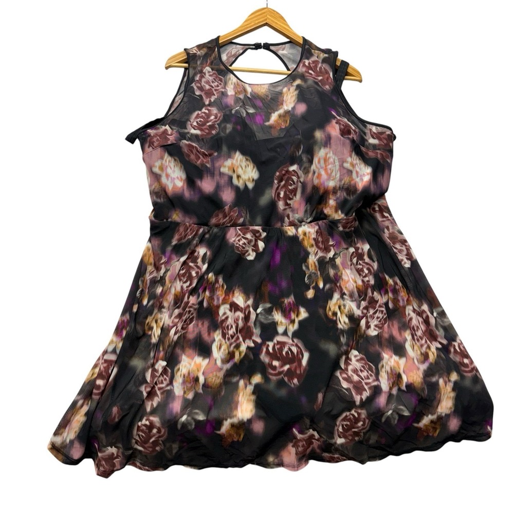 Torrid Womens Swim Dress 4 DD/F Black Purple Floral Swimsuit Swim Underwire